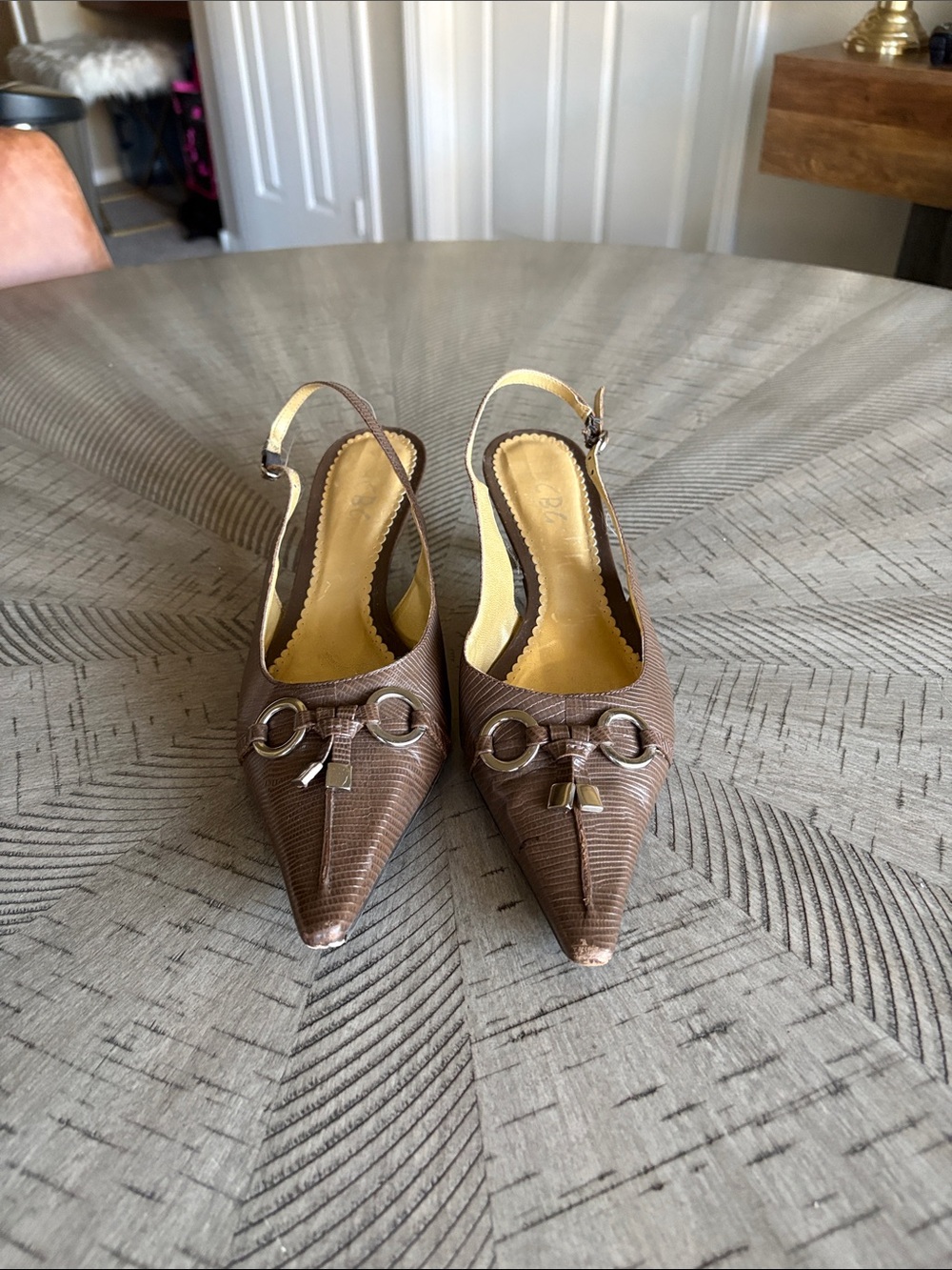 BCBG Brown Pointed-Toe Slingback Heels with Metallic Ring Detail
